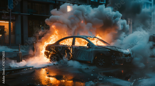 Automobile accident, intense scene of a burning car engulfed in flames amidst the street or yard, conveying urgency and danger