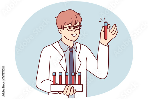 Young man scientist in white coat holds test tubes with blood samples for scientific experiments. Smart guy working as doctor in private clinic demonstrates plastic flask. Flat vector illustration