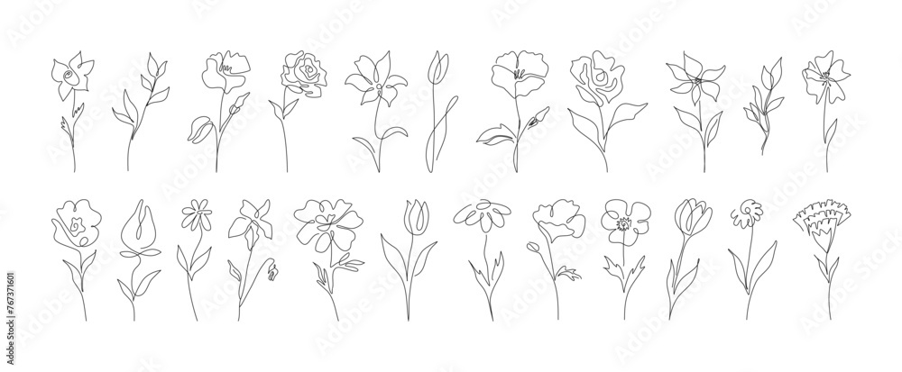 Set of hand drawn one line abstract flower, wedding herb, leave, wildflower for logo or tattoo. Minimal line art drawing for print, cover. Vector illustration	
