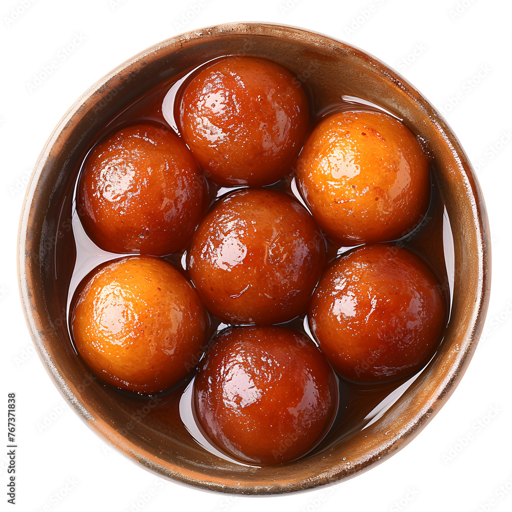 Delicious gulab jamun in a bowl seen from above, top view, isolated on a white background. Perfect for festive celebrations and indulgent treats. Delicious gulab jamun in a bowl seen from above, top view, isolated on a white background. Perfect for festive celebrations and indulgent treats.
