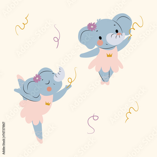 Cute ballerina elephants illustration with flowers and ribbon. Isolated elements.