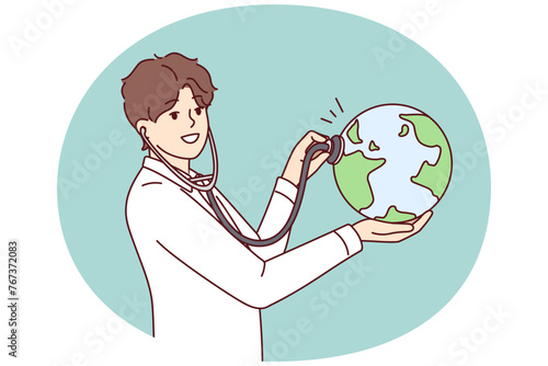 Man doctor applies stethoscope to globe demonstrating care for ecology and nature. Eco-activist guy in white coat wants to help reduce harmful emissions on planet. Flat vector illustration