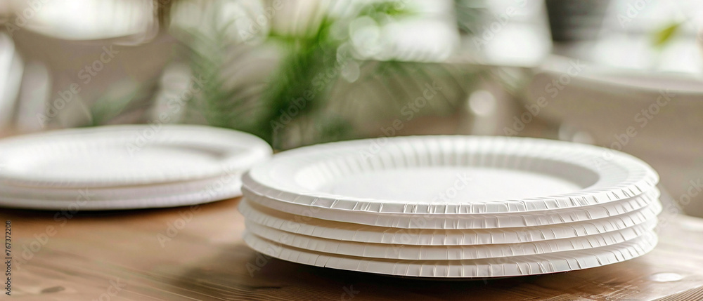 Stacked white paper plates on a wooden table, ready for a party or picnic gathering. Stacked white paper plates on a wooden table, ready for a party or picnic gathering.