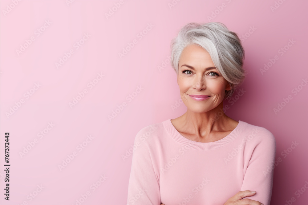 Stylish Senior Woman with Silver Hair on Pink Background Stylish Senior Woman with Silver Hair on Pink Background