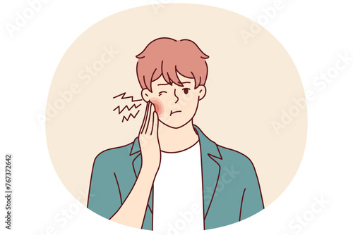 Man has pain in teeth and puts hand on red cheek due to caries or inflammation of nerves in gums. Suffering guy needs to go to dentist or orthodontist for filling or prosthesis. Flat vector design