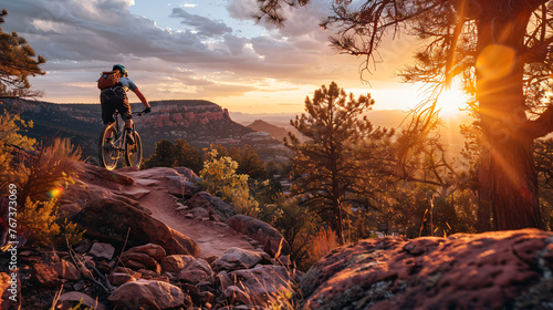 A mountain biker navigating a rocky trail at sunset. #767373069