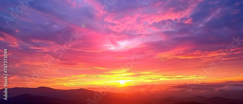 Vibrant hues of pink, orange, and yellow paint the sky during a breathtaking sunrise scene. #767373094