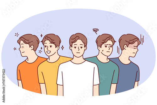 Identical men with positive and negative emotions look in different directions for concept of frequent mood swings. Young guys in colorful casual t-shirts smile or frown. Flat vector illustration