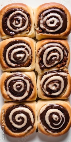 Top down view of delicious cinnamon rolls with rich chocolate glaze. Generated AI.