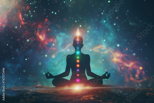 Meditating human silhouette in yoga lotus pose. Galaxy universe background. Colorful chakras and aura glow. Meditation on outer space background with glowing chakras. Esoteric. © Ilia