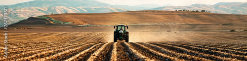 Tractor on a striped field, Seasonal Agriculture: Tilling the Fertile Fields, Farming, Earth's Bounty, Educational Materials, Agricultural Equipment Advertisements, Environmental Studies, Banner