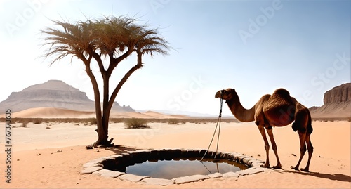 desert camel, A well in the desert, water problems, drought. Water shortages. photo
