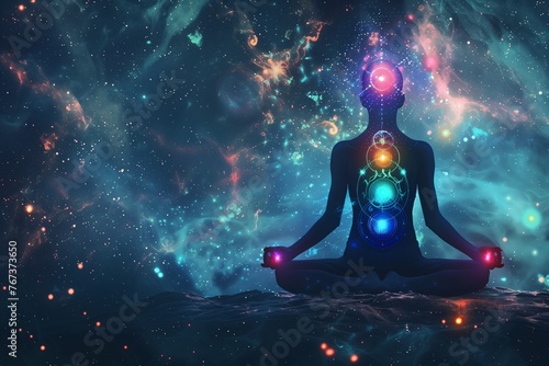 Meditating human silhouette in yoga lotus pose. Galaxy universe background. Colorful chakras and aura glow. Meditation on outer space background with glowing chakras. Esoteric. #767373650