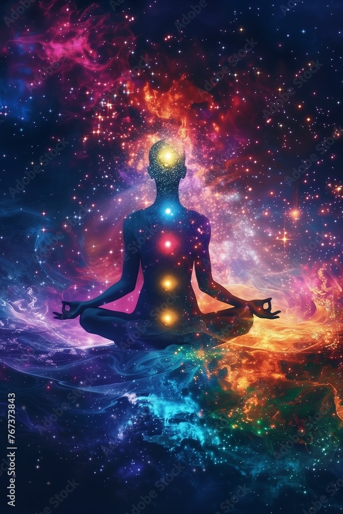 Meditating human silhouette in yoga lotus pose. Galaxy universe background. Colorful chakras and aura glow. Meditation on outer space background with glowing chakras. Esoteric. Meditating human silhouette in yoga lotus pose. Galaxy universe background. Colorful chakras and aura glow. Meditation on outer space background with glowing chakras. Esoteric.