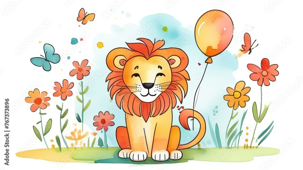 watercolor illustration of a lion cub with balloons on a white background, suitable for a nursery or children's room, for invitation, card, sticker and banner. watercolor illustration of a lion cub with balloons on a white background, suitable for a nursery or children's room, for invitation, card, sticker and banner.