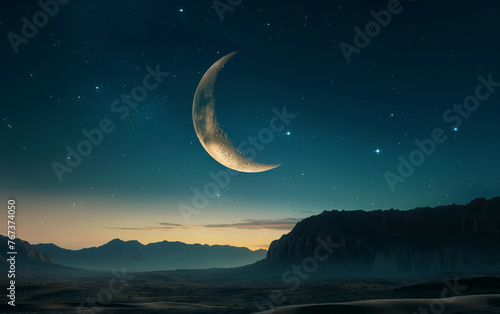 Crescent Moon Over the Quiet Desert: A Starry Night's Tranquil Beauty banner