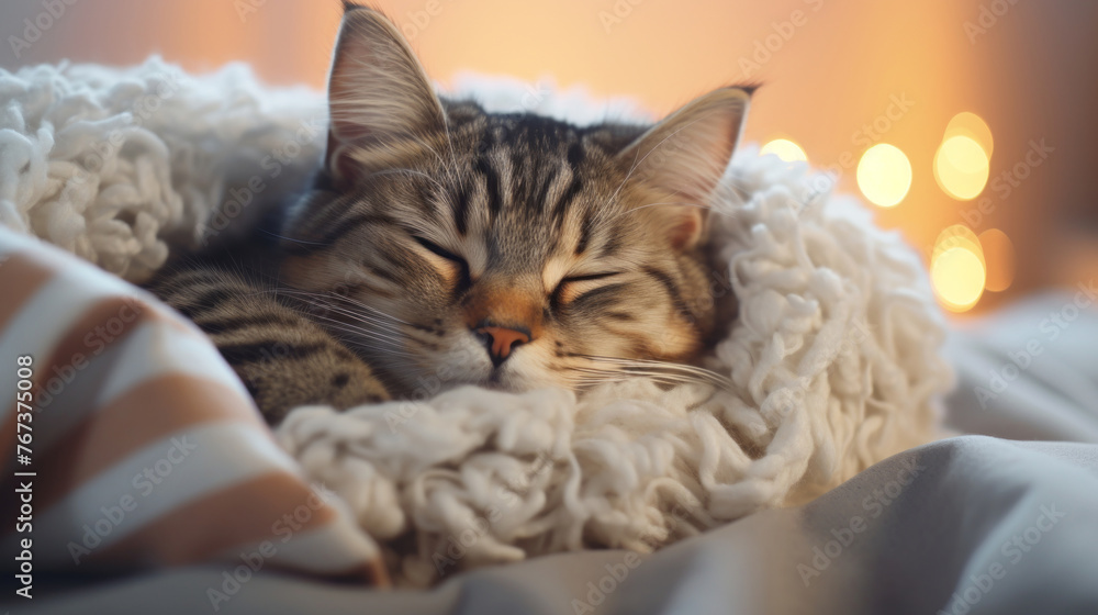 A cozy cat under a blanket, purring in the warmth, squinting with happiness A cozy cat under a blanket, purring in the warmth, squinting with happiness