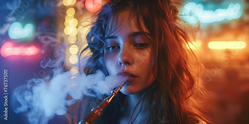 young girl smoker smoking a smoky hookah in shisha bar with neon light