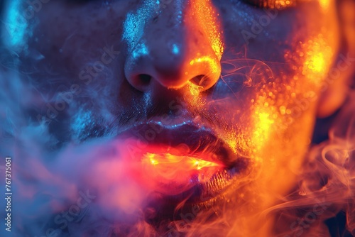 close up of mouth of male vaper smoker exhales hookah steam with neon light
