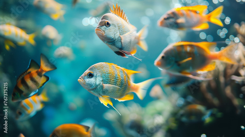 Underwater landscape with fish in the ocean.