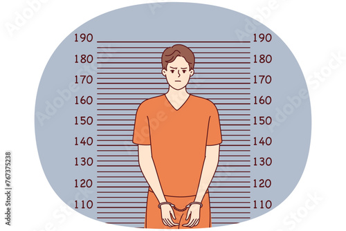 Man in handcuffs and orange clothes stands near lines for measuring height. Guy who broke law and went to jail poses for picture of criminal intended for personal file. Flat vector image
