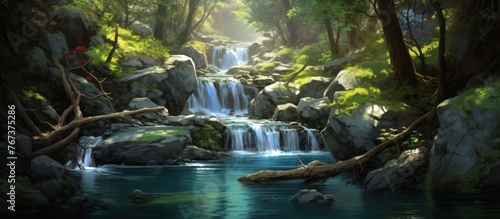 A stunning waterfall cascades through the lush green forest, surrounded by rocks and trees, creating a beautiful natural landscape of fluvial landforms and terrestrial plants