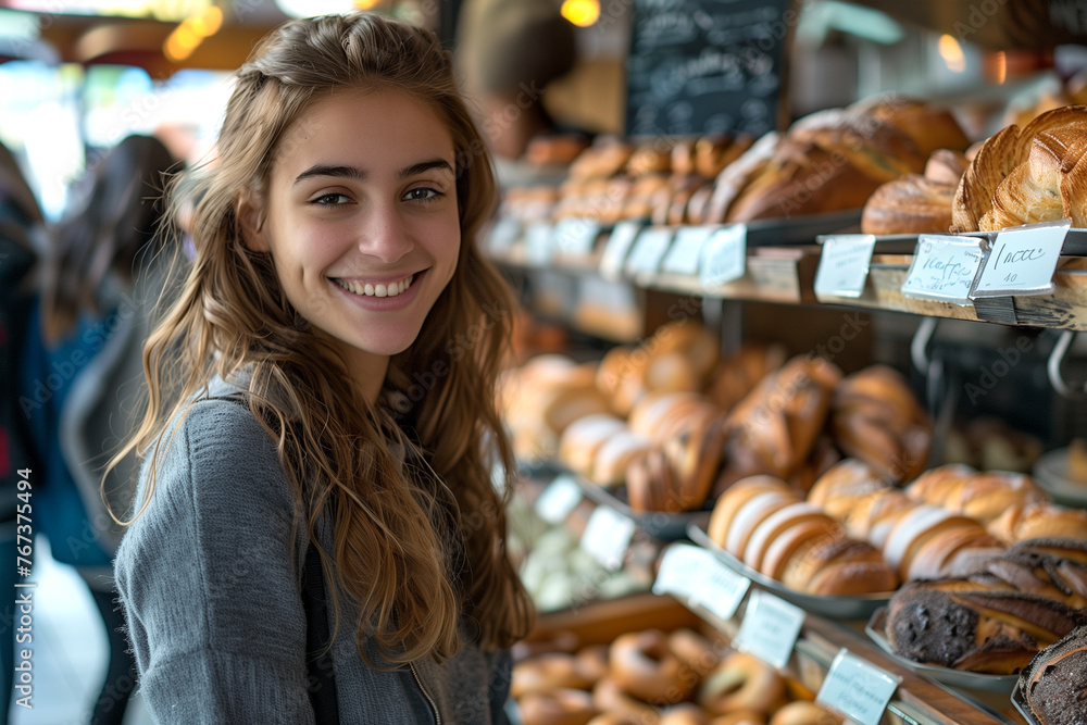 Woman Standing in Front of Baked Goods Display