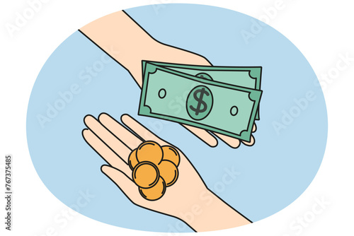 Hands with money engaged in finance exchange on market. People involved in currency exchange. Financial transaction concept. Vector illustration.