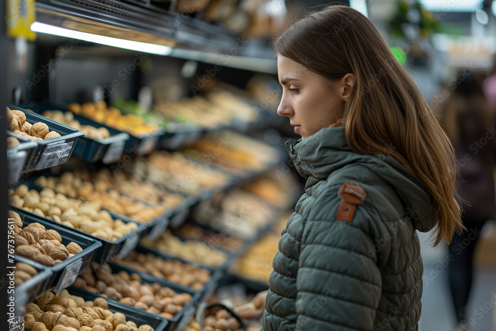 Woman Examining Display of Donuts in Store Woman Examining Display of Donuts in Store