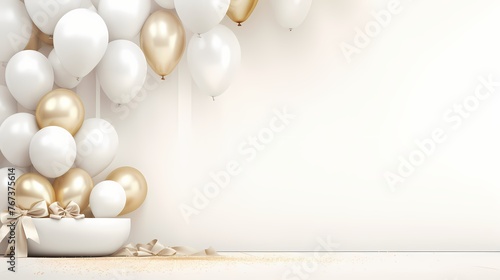 Realistic mockup featuring a white background adorned with a cluster of white balloons and a ribbon, evoking a sense of joy and celebration.