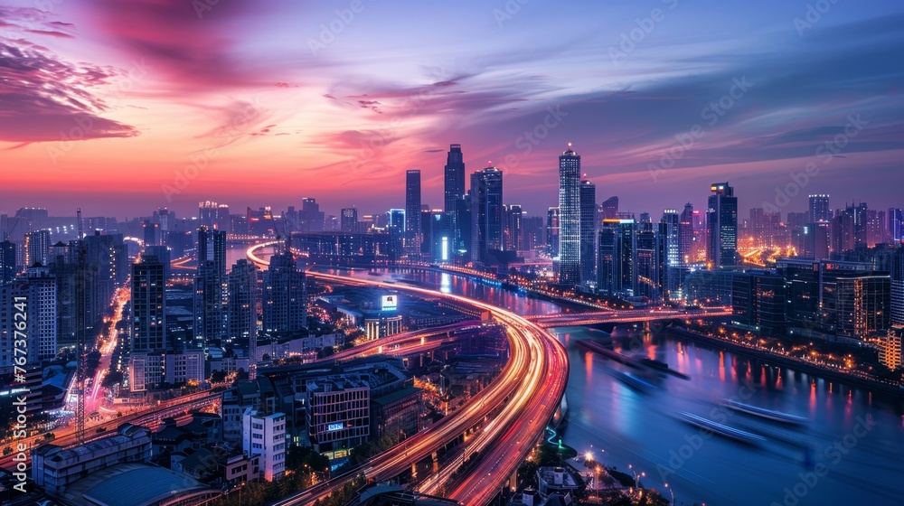 Twilight Over City Skyline With Illuminated Roads and Buildings