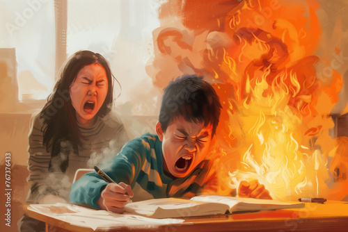 An Asian elementary school student cries while doing homework while his angry mother stands behind him