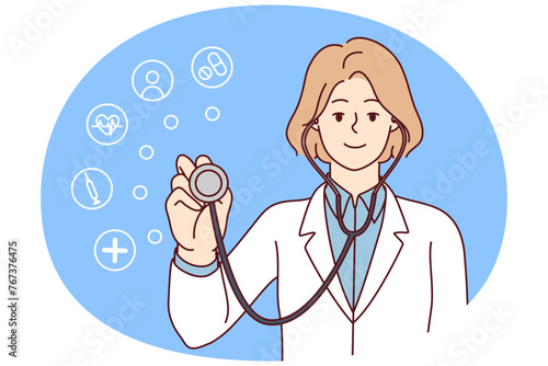 Positive woman doctor puts stethoscope to camera wanting to help patient in getting rid of diseases. Girl clinic employee for health care or medical insurance concept. Flat vector illustration