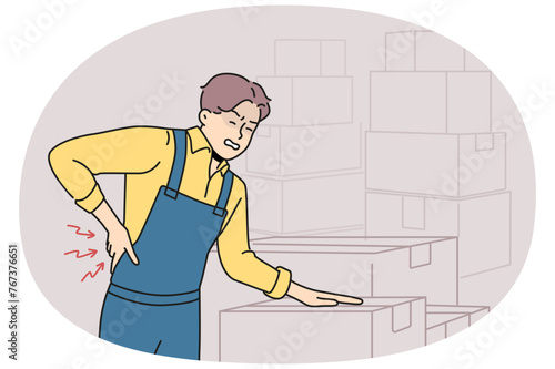 Sick man in uniform suffer from backache working in warehouse with boxes. Unhealthy male worker struggle with back pain. Vector illustration.