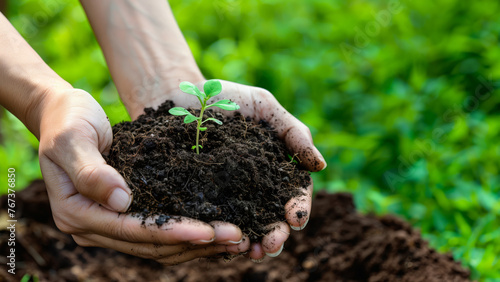 Hands holding soil with sprout, banner for environment and ecology concept, Close up of hands holding organic dirt or loam in the garden on green background
