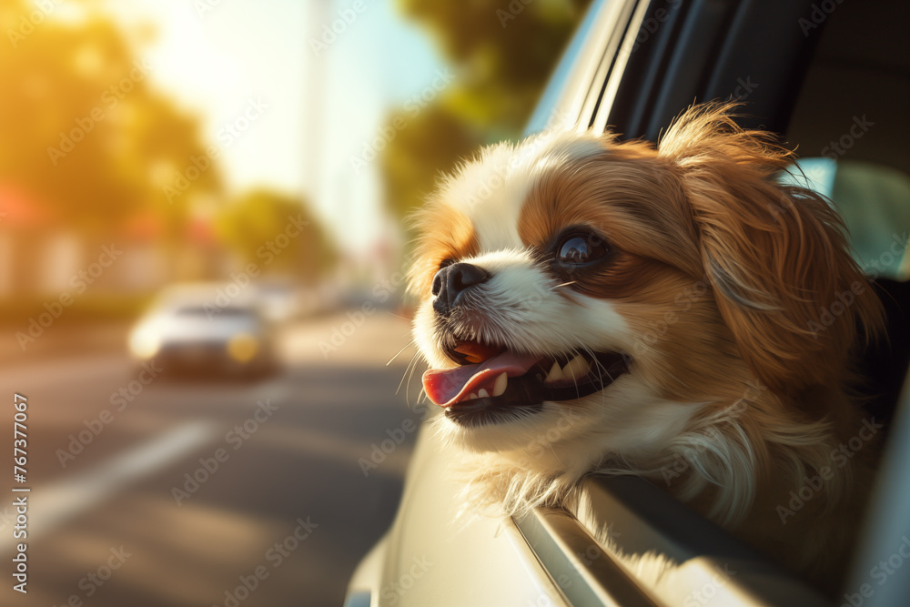 Happy Cavalier King Charles Spaniel Dog Enjoying a Car Ride at Sunset