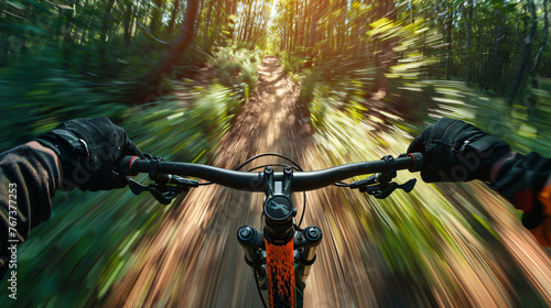 A riders perspective of rushing down a mountain bike trail.
