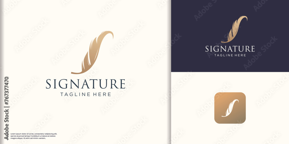 feather pen logo silhouette vector design, golden color, logotype for your business company identity - obrazy, fototapety, plakaty 