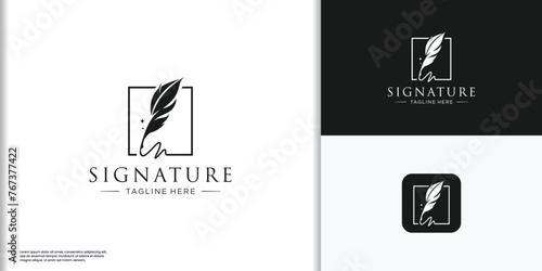 creative feather ink logo with square frame concept. photo