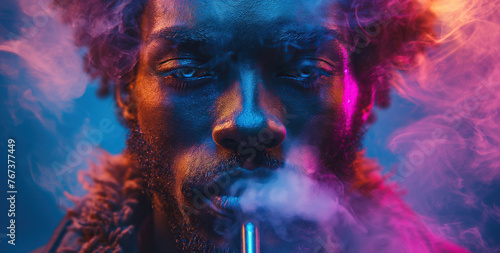portrait of black man smoker smoking a smoky hookah in a shisha bar with neon light