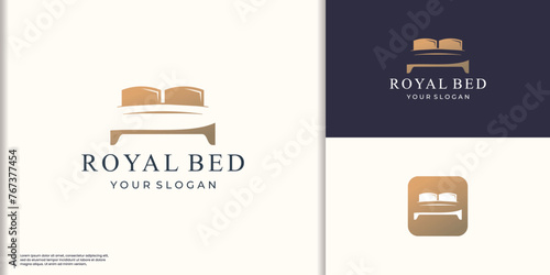 negative space bed icon sign. Royal bed logo inspiration with golden color branding vector illustration