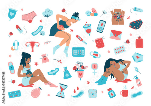 Set of menstruation period elements and women with menstrual pain in hand drawn. Girl's health concept. Various feminine hygiene products, menses protection icons. Isolated vector flat illustration