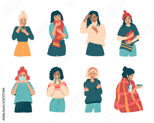 Unhealthy women with cold and flu symptoms, viral diseases. Illness or seasonal allergies. Girls feel sick virus, fever. Cough, sore throat, snot,  feeling unwell. Isolated flat vector illustrat