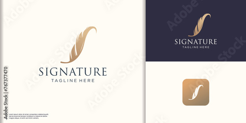 feather pen logo silhouette vector design, golden color, logotype for your business company identity photo