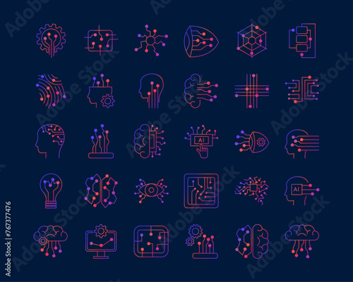 Set of artificial intelligence icons in line style. Pictograms of digital technologies of artificial intelligence, machine learning, smart robotics. Isolated gradient vector illustration