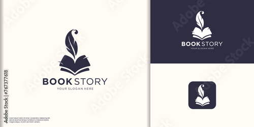classic book story logo inspiration, Quill and book logo vertical shape concept. photo