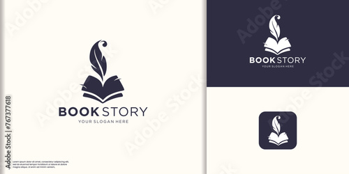classic book story logo inspiration, Quill and book logo vertical shape concept.