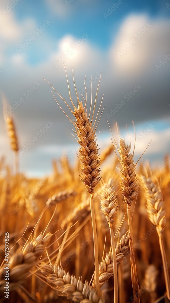 Obraz premium The enlarged mature wheat is golden in color and the wheat ears are heavy and rise above the clouds. 