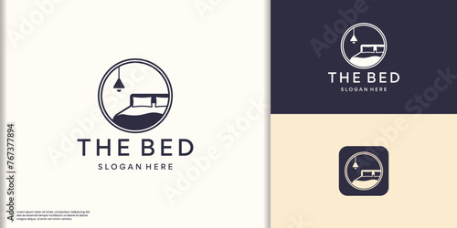 Bedroom furniture vector design. Premium bed logo,double pillow and silhouette duvet logo design.