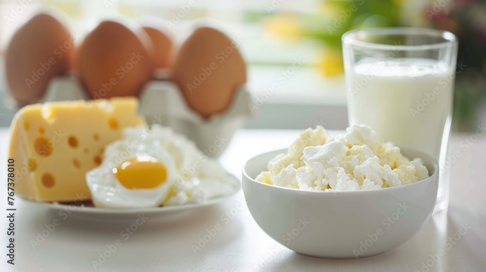 Dairy products and eggs on a table. Healthy fresh farm food background: milk, cottage cheese, cheese, eggs, butter for breakfast Dairy products and eggs on a table. Healthy fresh farm food background: milk, cottage cheese, cheese, eggs, butter for breakfast